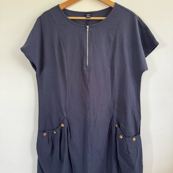 Blue Cotton Zipper Button Double Pocket Short Sleeve Mini Dress Women Size Large - Picture 4 of 9
